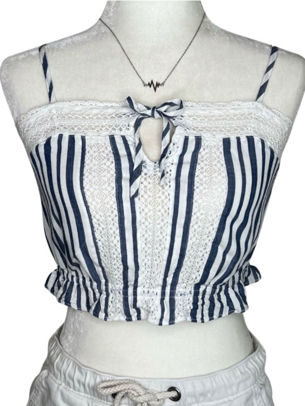 aéropostale Stripe Crocheted Bubble Top Spaghetti Straps Blue White Small S